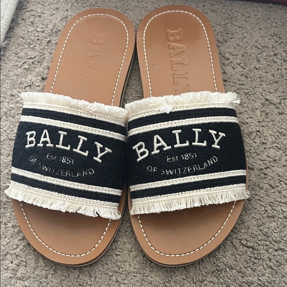 Bally Black and Cream Fringe Slide Sandals